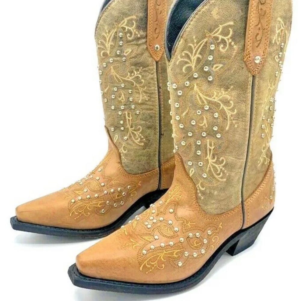 Two-Toned Brown Embroidered Studded Cowboy Boots